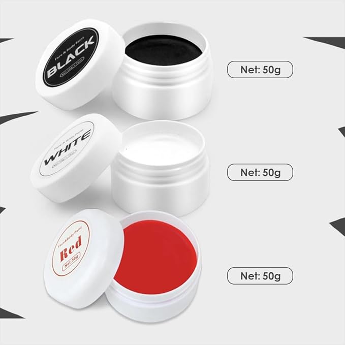 Goth White Foundation Black Red Face Body Paint, 2025 Halloween Decorations Makeup for Body Face, 50ML Halloween Decor Painting Makeup Kit with Brushes for Skeleton Ghost (White + Black+Red)