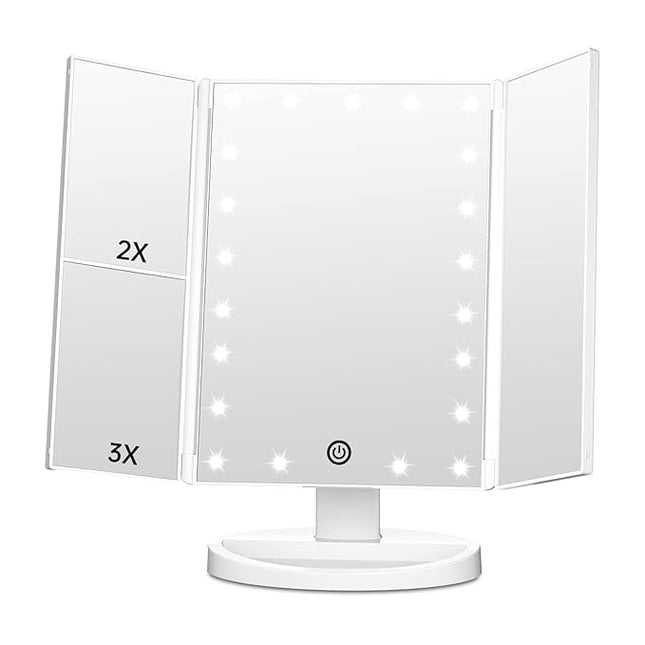 FASCINATE Trifold Vanity Mirror with Lights, Lighted Makeup Mirror 2X/3X Magnification, 21 LED Touch Dimming, Dual Power 180° Rotation Lit Beauty Table Mirror, Make up Mirror with Lighting