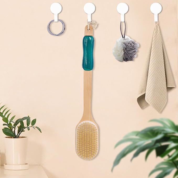 OWIIZI Back Scrubber for Shower,Stiff Boar Bristles Wooden Curved Long Handle Antiskid Body Bath Brush for Back Use Wet or Dry,Deep Cleanse Large Surface Back Scrub Brush