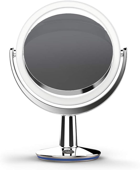 SuperGlow 9" Round Shaped Dual-sided Lighted Makeup Mirror, 1X/5X Magnifying Vanity Mirror, Brightness 1000Lux, 360 Degree Rotating Adjustable Brightness Mirror, Brushed Nickel Finish