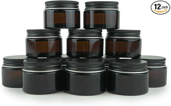 Glass Amber 1oz Jar - 12 Packs, Empty Round Jars For Beauty Products, Lotion, and Powders - Black Lid - Small Candle Jars