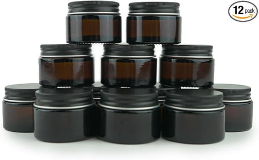 Glass Amber 1oz Jar - 12 Packs, Empty Round Jars For Beauty Products, Lotion, and Powders - Black Lid - Small Candle Jars