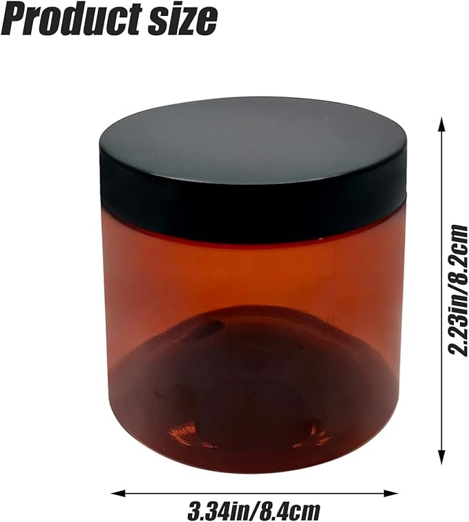 12 oz Amber Plastic Cosmetic Jars Leak Proof Container with Black Lid for Cream, Lotion, Powder, ointment, Beauty Products etc, 6 Pcs.