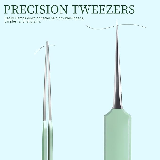 Teenitor 7 Pcs Surgical Grade Blackhead Remover Tools and Pimple Popper Tool Kit, Ingrown Hair Tweezers, Blackhead Tweezers, Precision Tweezers, Pimple Extractor, Light Green