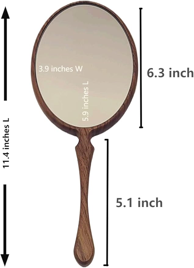 Hand Mirrors with Handle for Makeup, Touching Up and Shaving, Oval Vintage Hand Held Mirror for Men&Women, 11.4" L x 4.3" W, Multi-Purpose for Salon Home Travel, Walnut Wood
