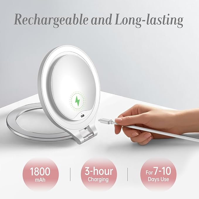 Luxspire Magnifying Mirror with Light, 10X / 1X Double Sided Makeup Mirror, Portable Travel Makeup Mirror with 3 Color Lights and Magnification, Foldable Handheld Lighted Mirror, White