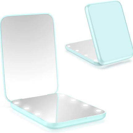 WOBSION Small Mirror with Lights,LED Compact Makeup Mirror,1x/3x Mini Travel Mirror with Magnification,Portable for Purse,Pocket,Gifts for Girls,Cyan