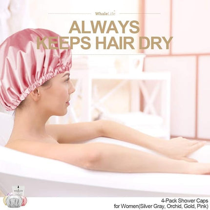 Shower Cap for Women Reusable Extra Large Shower Caps for Men Satin Double Layer EVA Waterproof Long Hair Caps(Silver Gray, Orchid, Gold, Pink 4 Pack)