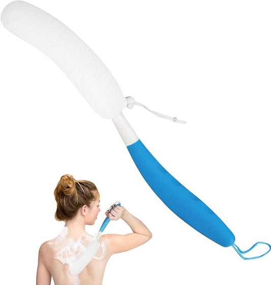 Long-Handle Back Bath Brush, with Anti-Slip Long-Handle Back Scrub net, is Used for Auxiliary Bath and Shower for The Elderly and People with Limited Activities (Blue-White)