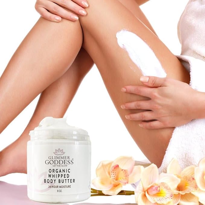Glimmer Goddess Organic Whipped Body Butter for Women - Moisturizer Cream with Shea & Cocoa Butter, Almonds & Coconut Oil - Vanilla Bean, 8oz