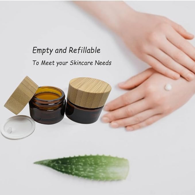 Empty Refillable Frosted Glass Cosmetic Jar 4 Pack 15g/0.5oz with Bamboo Lids,Skin Care Travel Containers Pot Vial Holder Sample Storage for Eye Cream Lotion Ointments Lip Balm Brown