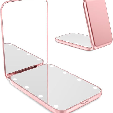 WOBSION Small Mirror with Lights,LED Compact Makeup Mirror,1x/3x Mini Travel Mirror with Magnification,Portable for Purse,Pocket,Gifts for Girls,Rose Gold