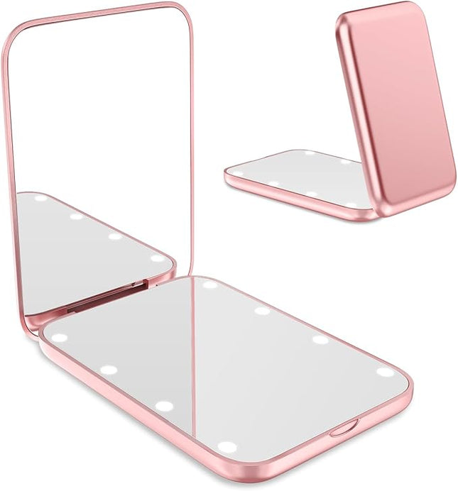 WOBSION Small Mirror with Lights,LED Compact Makeup Mirror,1x/3x Mini Travel Mirror with Magnification,Portable for Purse,Pocket,Gifts for Girls,Rose Gold
