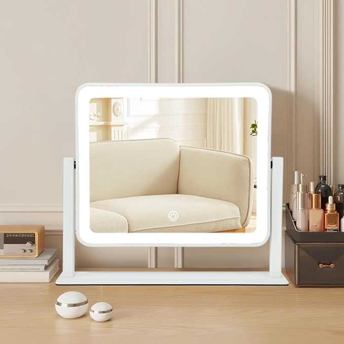 Rechargeable Vanity Mirror with Lights, 14"×12" LED Makeup Mirror, Smart Touch Control, 3 Color Lighting with Adjustable Brightness,Cosmetic Mirror for Bedroom, Vanity Desk, Beauty Routine