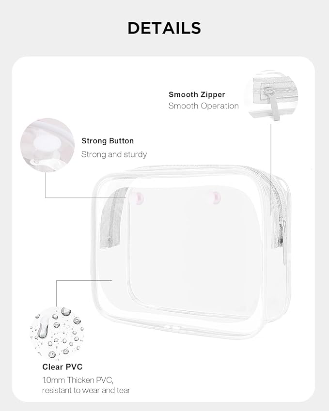 4 Pack Clear TSA Approved Travel Toiletry Bag, Carry on Travel Accessories Bag Airport Airline Quart Size Bags Cosmetic Bag for Women Clear Bogg Beach Makup Bag Accessories with 3 Pack Insert Hooks