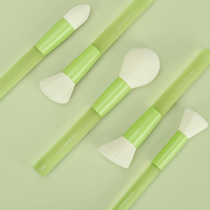 5pcs Green Face Makeup Brushes – Soft Synthetic Bristle Powder, Bronzer, Blush Brush Set – Comfortable Non-Slip Rubber Handles – Cruelty-Free Make up Tools – Perfect for Blending, Contouring & More