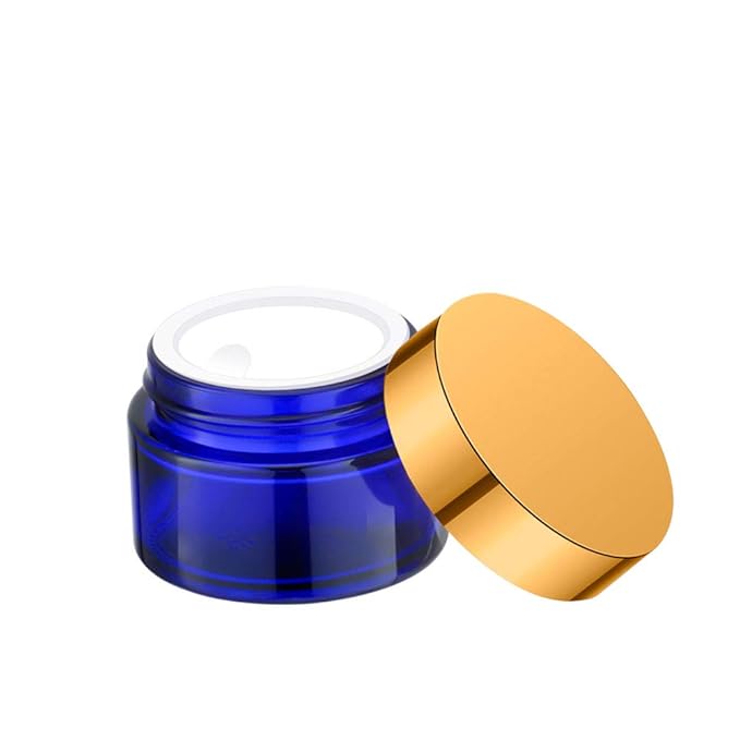 1 Oz Blue Round Glass Jars with Inner Liners and Gold Lids(24PCS) Empty Cream Containers Refillable Cosmetic Vials for Cosmetics, Lotions, Ointment, Body Scrubs & Balms