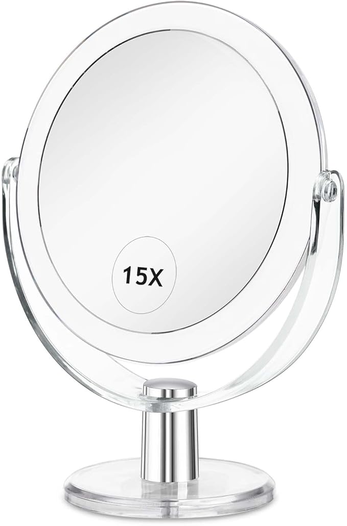 Vanity Makeup Mirror with Stand, 1X/15X Magnification Double Sided 360 Degree Swivel, Portable Table Desk Counter top Magnifying Mirror, Tabletop Bathroom Shaving Mirror, 6.25 Inch