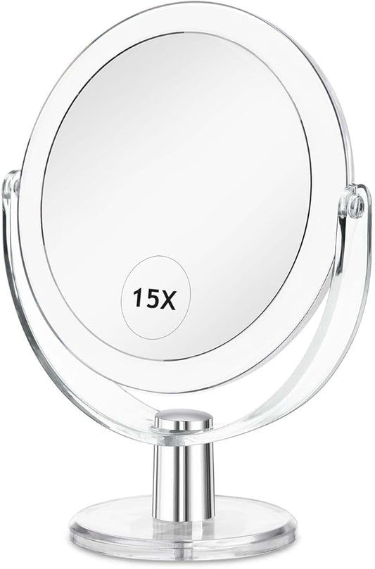 Vanity Makeup Mirror with Stand, 1X/15X Magnification Double Sided 360 Degree Swivel, Portable Table Desk Counter top Magnifying Mirror, Tabletop Bathroom Shaving Mirror, 6.25 Inch