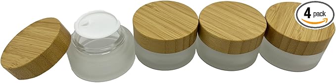 Empty Refillable Frosted Glass Cosmetic Cream Jar 4 Pack 1 OZ/30g with Bamboo Lids,Skin Care Travel Containers Pot for Clay Masks,Butter,Body Scrub,Lip Balm, Ointments, Lotion Frost