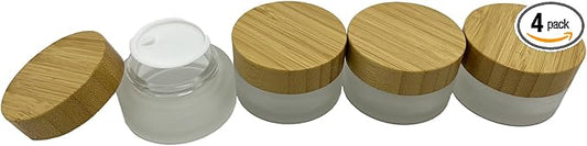 Empty Refillable Frosted Glass Cosmetic Cream Jar 4 Pack 1 OZ/30g with Bamboo Lids,Skin Care Travel Containers Pot for Clay Masks,Butter,Body Scrub,Lip Balm, Ointments, Lotion Frost