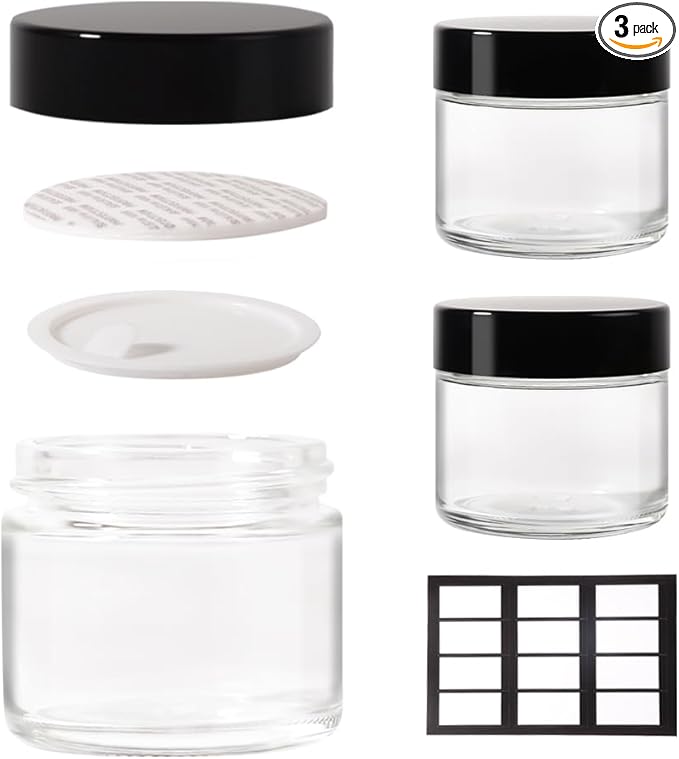 3 pack 2oz Glass Jars Round Empty Cosmetic Containers, Refillable Glass Jars with Lids for Face Creams, Lotions, Powders,Salves Ointments,Potravel Storage