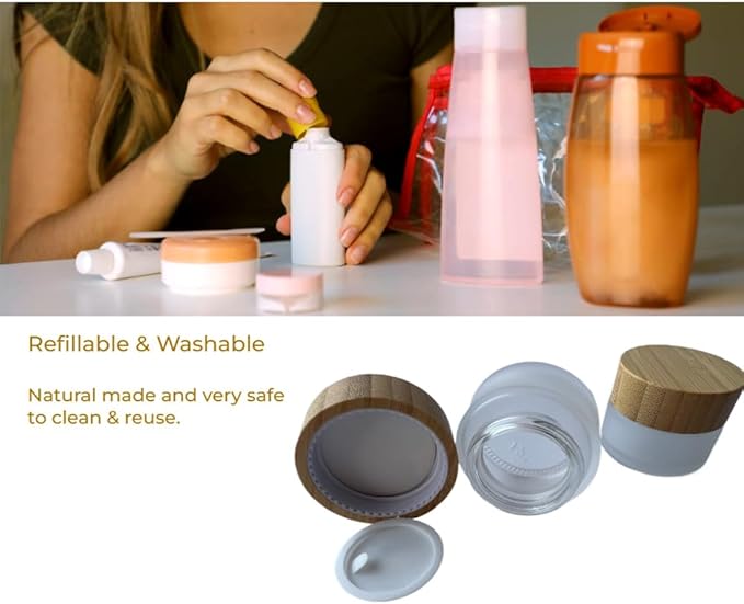 Empty Refillable Frosted Glass Cosmetic Jar 4 Pack 15g/0.5oz with Bamboo Lids,Skin Care Travel Containers Pot Vial Holder Sample Storage for Eye Cream Lotion Ointments Lip Balm Frost