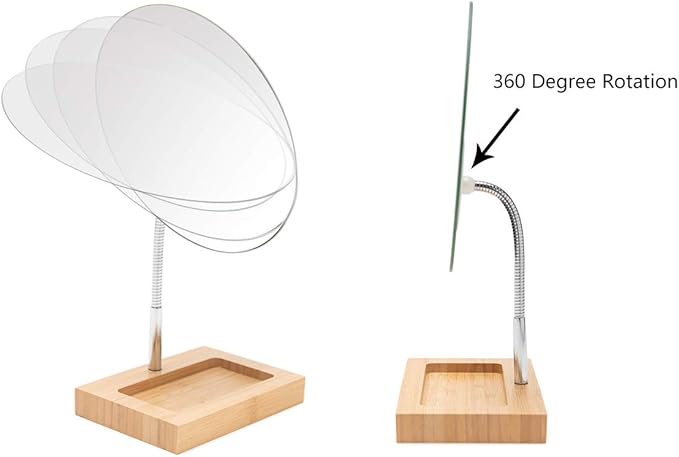 YEAKE Flexible Gooseneck Bamboo Vanity Makeup Mirror,360°Rotation 8" Large Frameless Vanity Mirror Folding Portable Table Desk Mirror with Stand Bathroom Shaving Make Up Mirrors Round