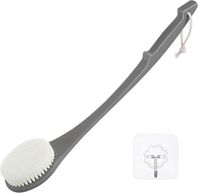 Body Back Scrubber – 17'' Long Handle Shower Brush, Durable Exfoliator for Dry & Wet Use, Deep Cleansing & Gentle Exfoliation for Smooth Skin – for Men, Women & Elderly (Gray)