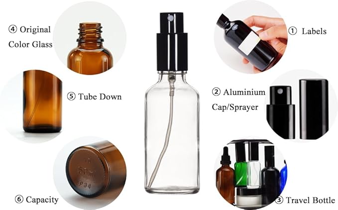 YIZHAO Clear Glass Spray Bottles 2oz, with Small Fine Mist Spray, Metal Cap, Refillable for Essential Oil,Travel,Cleaning,Perfume,Aromatherapy,Makeup – 6 Pcs
