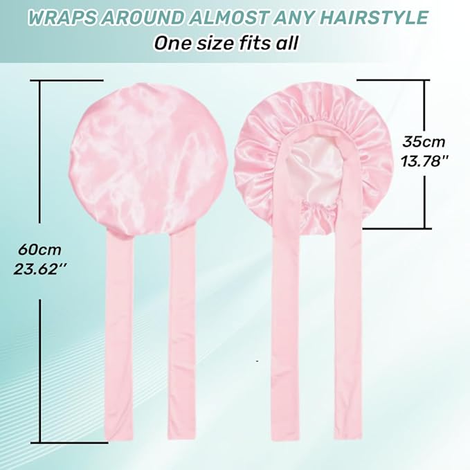Silk Bonnet for Sleeping Women, Ajustable Hair Bonnet for Curly Hair with Tie Band Shower Caps Pink，Large