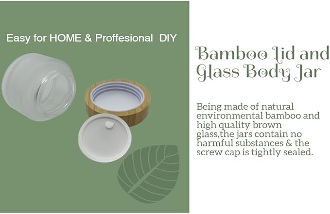 Empty Refillable Frosted Glass Cosmetic Cream Jar 4 Pack 1.6 OZ/50g with Bamboo Lids,Skin Care Travel Containers Pot for Clay Masks,Butter,Body Scrub,Lip Balm, Ointments, Lotion Frost