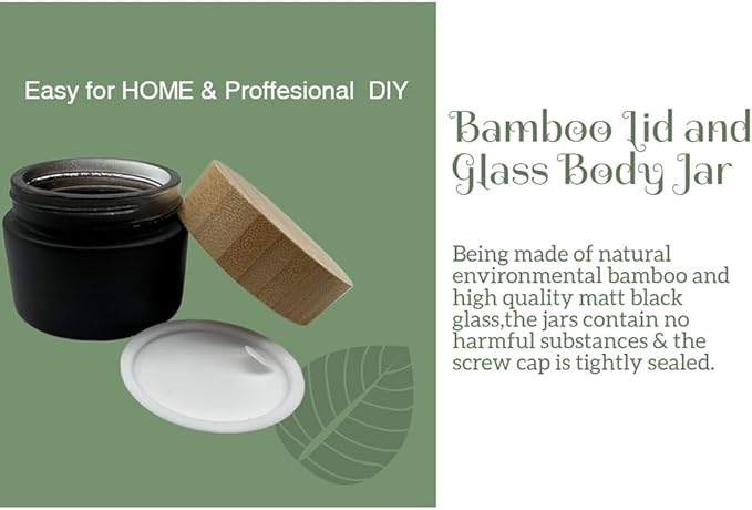 Empty Refillable Matt Black Glass Cosmetic Cream Jar 4 Pack 1.6 OZ/50g with Bamboo Lids,Skin Care Travel Frost Containers Pot for Clay Masks,Butter,Body Scrub,Lip Balm, Ointments, Lotion