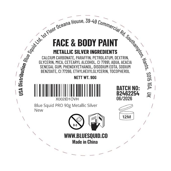 Blue Squid PRO Face Paint - Professional Water Based Single Cake Facepaint & Body Paints - SFX Makeup, Kids Adults Face Painting for Costume, Halloween, Cosplay - Metallic Silver 90g / 3oz