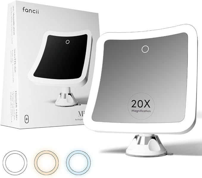 Fancii 20x Magnifying Makeup Mirror with LED Lights, Rechargeable, High Zoom | 7-inch Large Lighted Travel Mirror for Vanity and Bathroom, Dimmable, 3 Light Settings, Strong Suction, 360° Rotation
