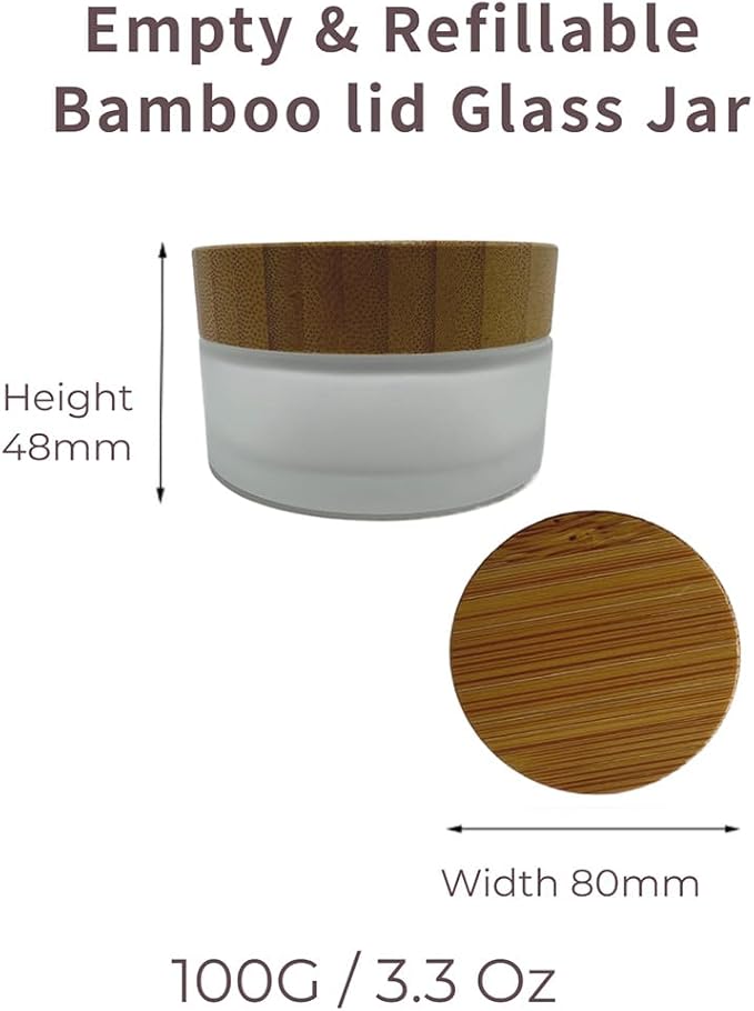 Empty Refillable Frosted Glass Cosmetic Cream Jar 4 Pack 3.3 OZ/100g with Bamboo Lids,Skin Care Travel Containers Pot for Clay Masks,Butter,Body Scrub,Lip Balm, Ointments, Lotion Frost