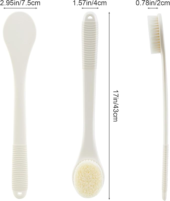 Back Scrubber for Shower, Shower Body Brush for Cleaning with Long Handle for Showering, 17 Inch Back Washer Exfoliator for Shower Men Women with Non-Slip Handle, Adhesive Hook (Cream White)