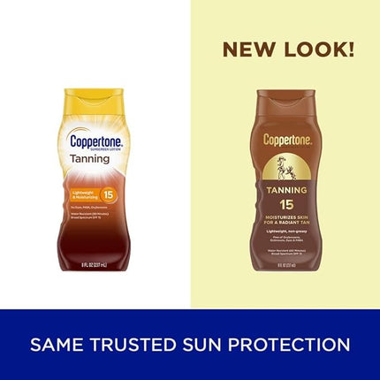 Coppertone Tanning Sunscreen Lotion, SPF 15, Broad Spectrum, Water Resistant | Vitamin E Enriched | Free of Harmful Chemicals | 16 Fl Oz | Pack of 2