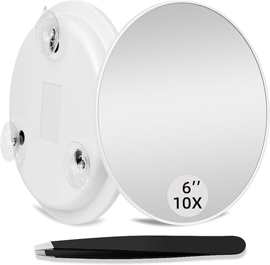 10X Makeup Magnifying Mirror, Round 6inch Travel Magnified Mirror with 3 Suction Cups Mounting, 10X Handheld Travel Magnification and Tweezers Kit, Use for Blackhead/Blemish Removal