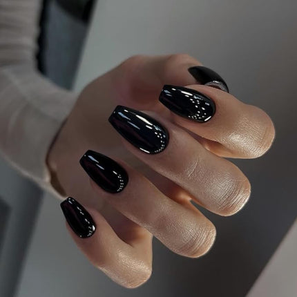 Black Press on Nails Medium Coffin Fake Nails Press ons, KXAMELIE Full Cover False Nails Tips Medium Length Glue on Nails Natural Thick Long Acrylic Nails 24Pcs Solid Color Coffin Nails for Women