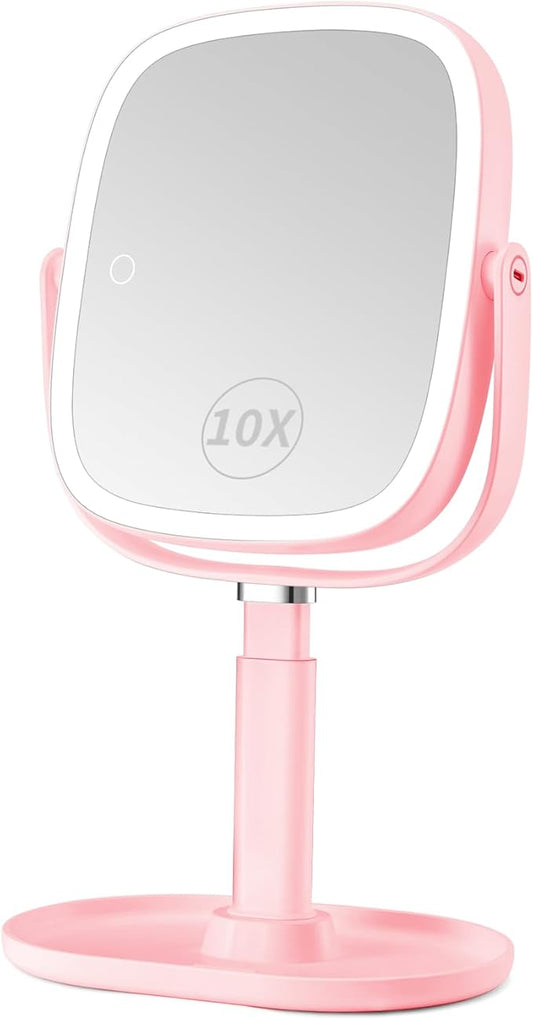 Lighted Makeup Mirror, 2600mAh Rechargeable 1x/10x Magnifying Vanity Mirror, 8.5" Height Adjustable Makeup Mirror with Lights 3 Color, 360° Rotation 2-Sided Light up Large Desk Mirror - Pink
