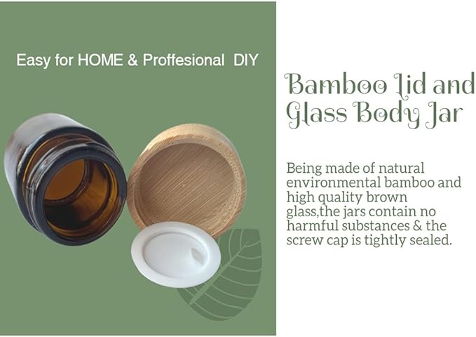 Empty Refillable Glass Cosmetic Jar 4 Pack 10g/0.33oz with Bamboo Lids,Skin Care Travel Containers Pot Vial Holder Sample Storage for Eye Cream Lotion Ointments Lip Balm Brown