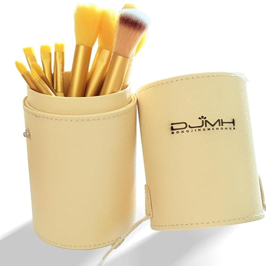 DJMH 13-Piece Makeup Brush Set with Storage Holder, Professional Cosmetic Brushes with Leather Case (yellow)