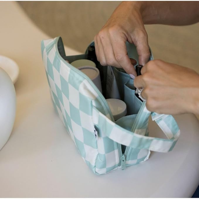 Tiny Twinkle Portable Waterproof Makeup Bag | Travel-Friendly Cosmetic Organizer with Convenient Carry Handle | Spacious Interior, and Secure Zipper Closure (Sage Checkers)