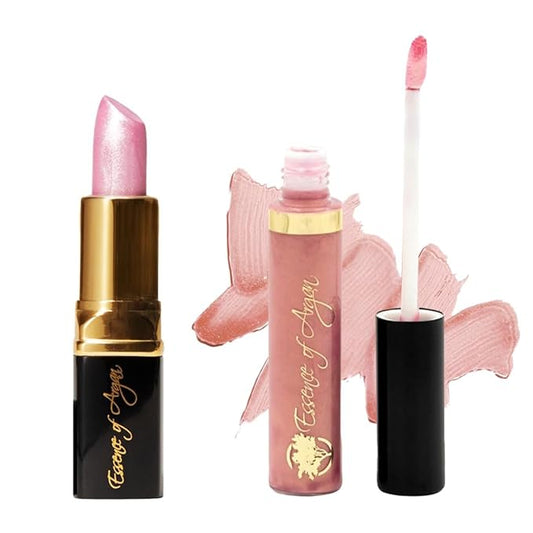 Essence Of Argan Pink Lip stick and Hydrating Lip Gloss & Moisturizing Lipstick with Argan Oil, Shea Butter, Jojoba & Aloe Vera