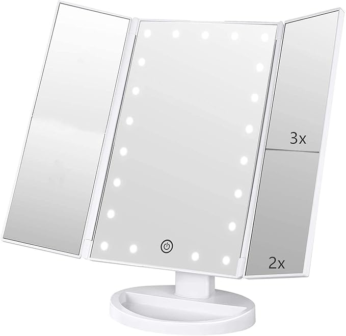 Trifold Makeup Mirror Vanity Mirror with Lights,1X 2X 3X Magnification,Touch Screen,180 Adjustable Rotation,Portable Travel Bathroom Cosmetic Mirror
