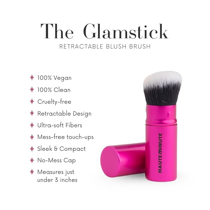 Mini Glamstick Retractable Blush Brush - Travel Face Makeup Brush for Liquid, Cream Buffing & Blending, Cruelty-Free Bristles