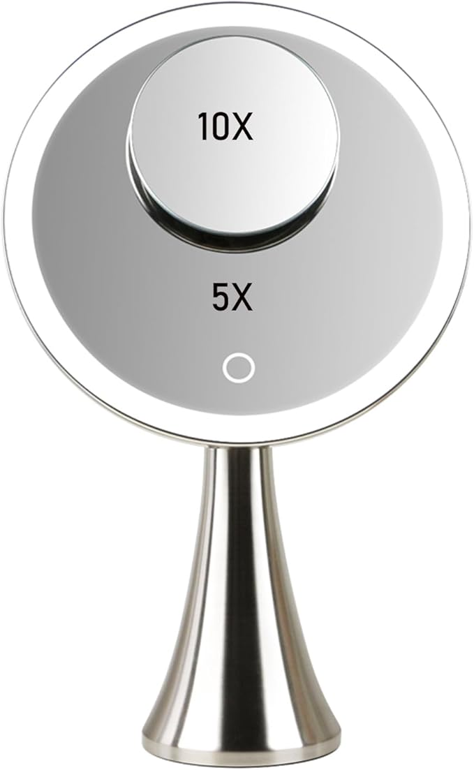 9inch Lighted Round Makeup Vanity Mirror, 5X/10X Dual Magnification with Ultra Bright LED Lights Beauty Mirror, Rechargeable, Cordless, Touch Control Adjustable Brightness, Brushed Stainless Steel
