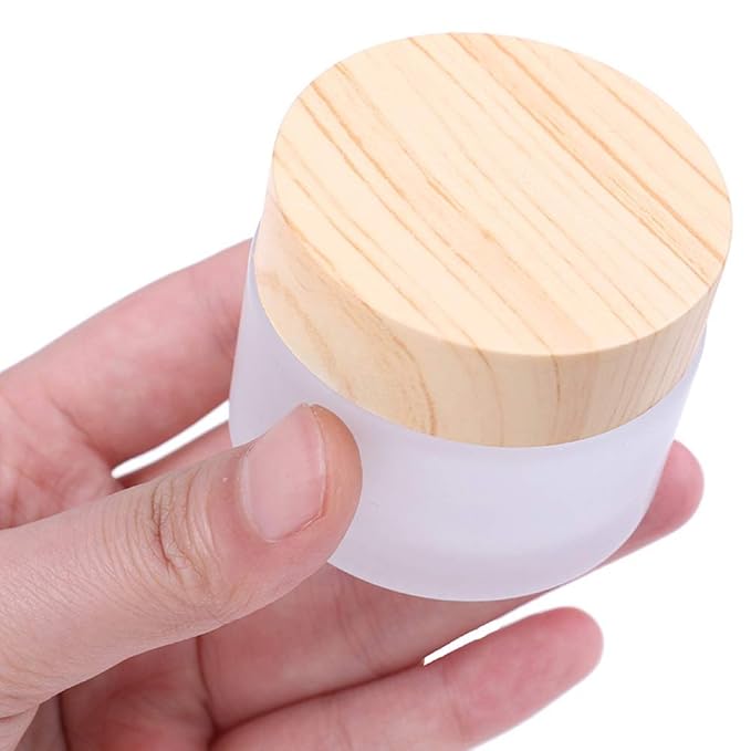 12 Packs 1 Oz Empty Jars 30ml Round Frosted Glass Cream Jar Bottles Holder with Wood Grain Lids Refillable Case Vial Pot Cosmetic Container Glass Bottles for Lotion Face Lip Balm Eye Cream