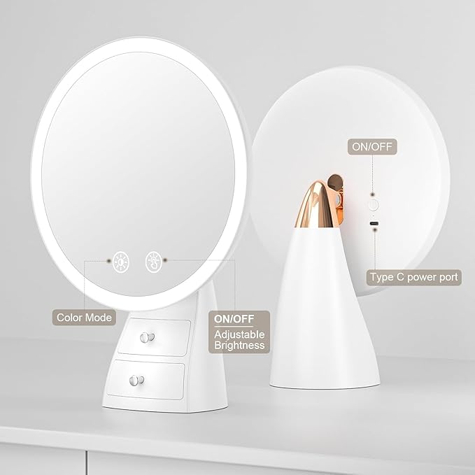Makeup Mirror with Lights, Make Up Desk Mirror with Organizer, Rechargeable Touch Control 3 Color Lights and Adjustable Brightness, Lighted Vanity Mirror for Desk, Dresser Tabletop, Gifts for Women